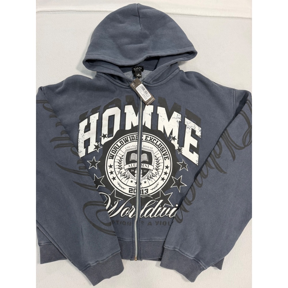 boohooMAN Navy Varsity Washed Hooded Tracksuit Set Shrunken Zip Hoodie Pants M